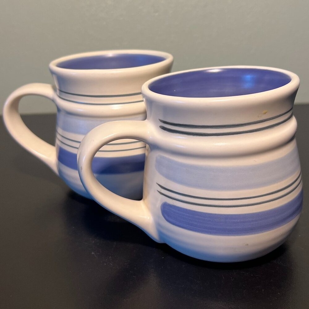 Vtg Pfaltzgraff Hand Painted RIO Stoneware Coffee Mug Cup Blue Stripes Set of 2